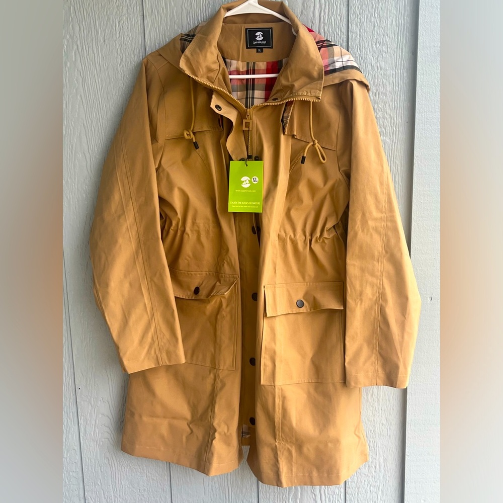 Tan Hooded Jacket with Plaid Lining